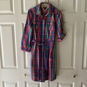 Tommy Hilfiger Plaid Button-Up Belted Shirt Dress womens medium Y2K cotton